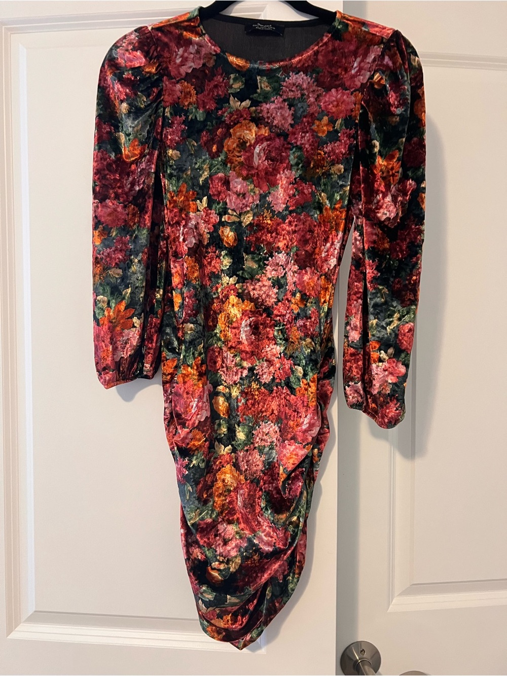 Bershka Floral Velvet Long-Sleeve Dress - Pink, Green, Orange